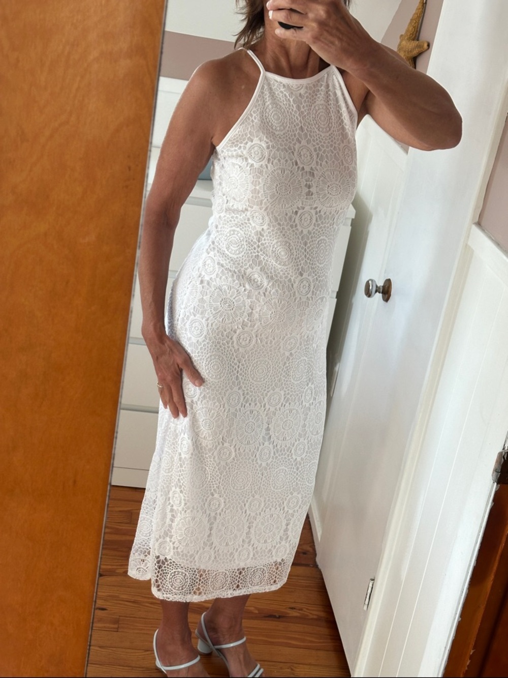 Classic White Lace Halter Midi Dress, pure white lace beach wedding dress,